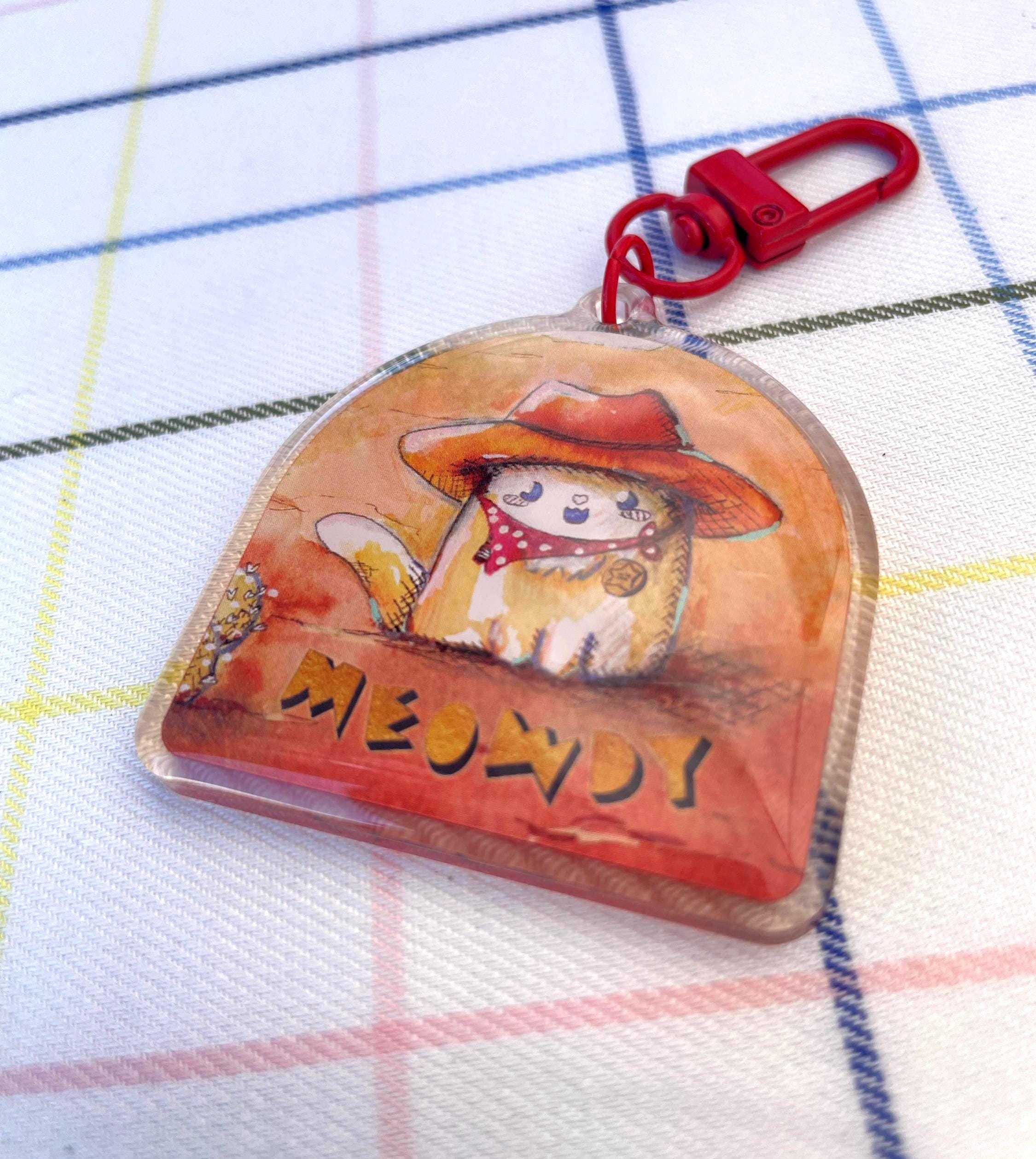 Meowdy Cat Sheriff Keychain: Double Sided Acrylic with Red Clasp