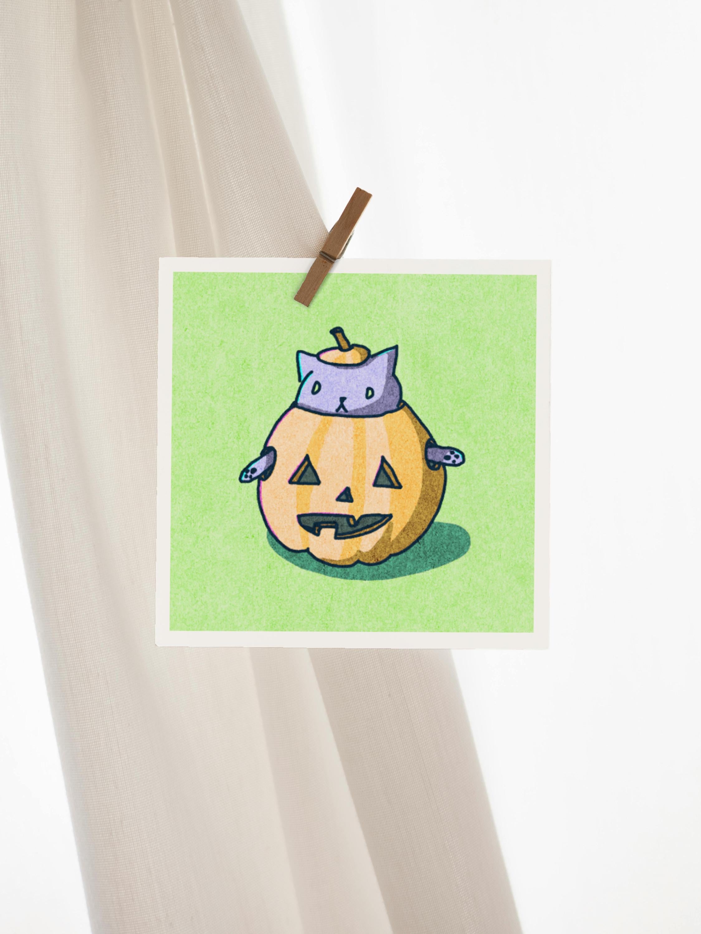 Spooky Cat - Pumpkin - Mini Print