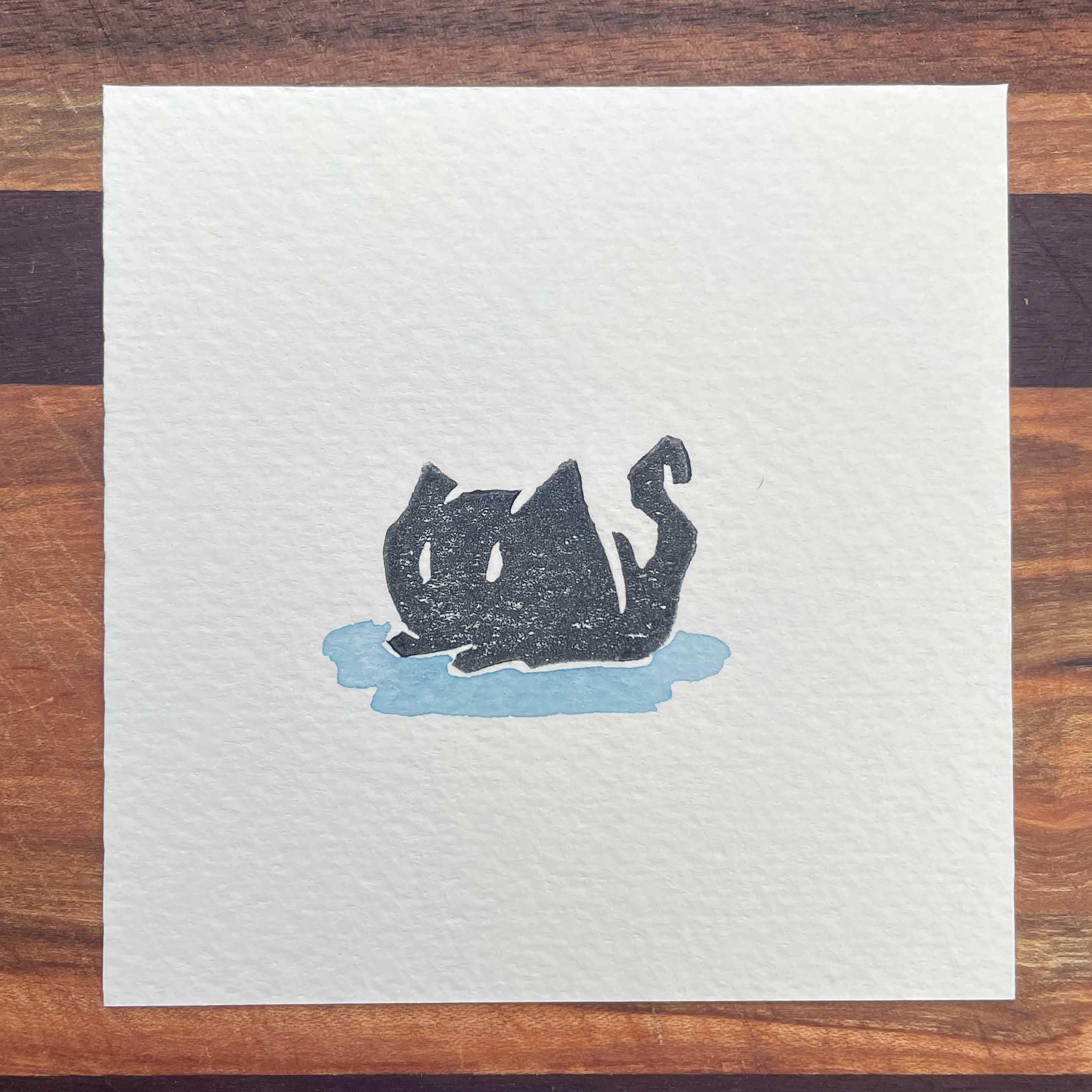 Shadow Cat - Mini Watercolor Block Print
