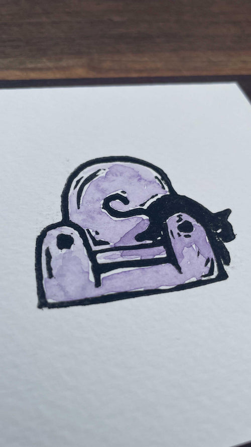 Couch Cat - Mini Watercolor Block Print