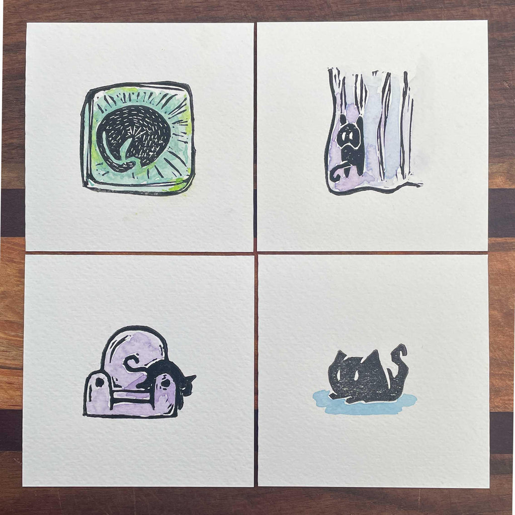 Couch Cat - Mini Watercolor Block Print