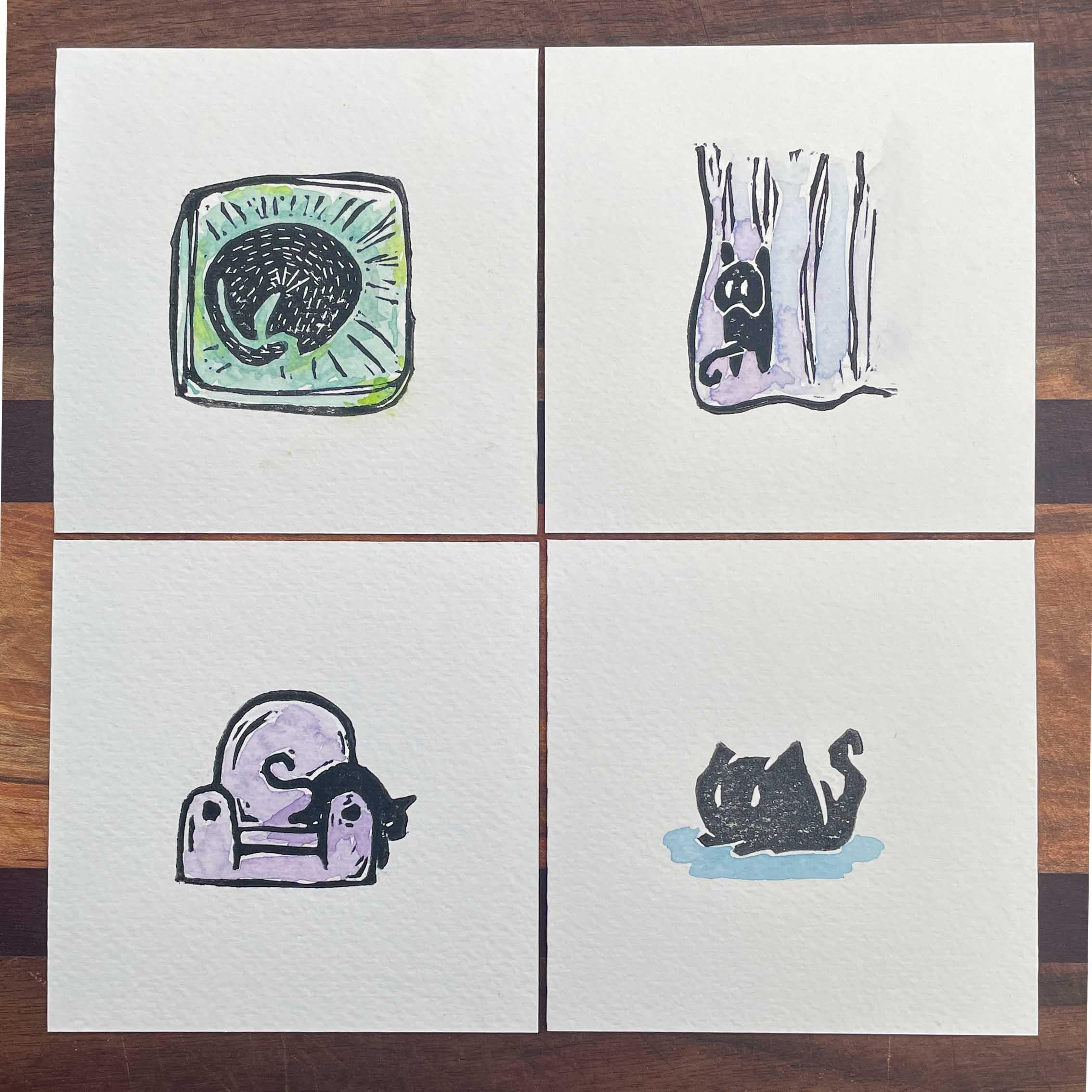 Couch Cat - Mini Watercolor Block Print