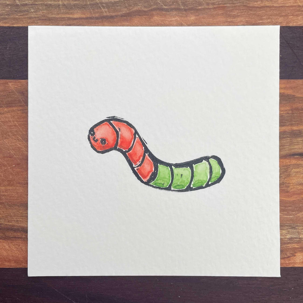 Gummy Worm - Mini Watercolor Block Print
