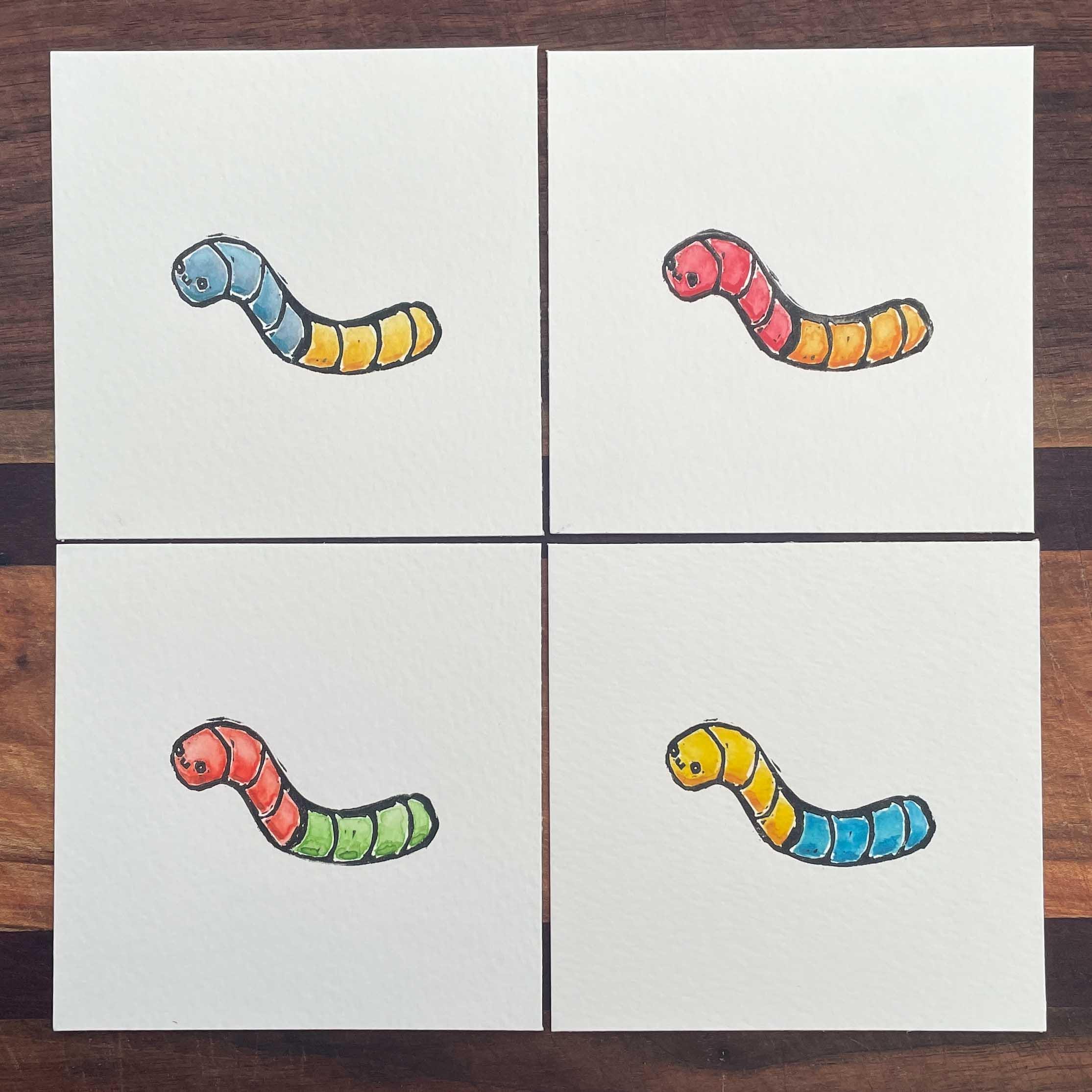 Gummy Worm - Mini Watercolor Block Print
