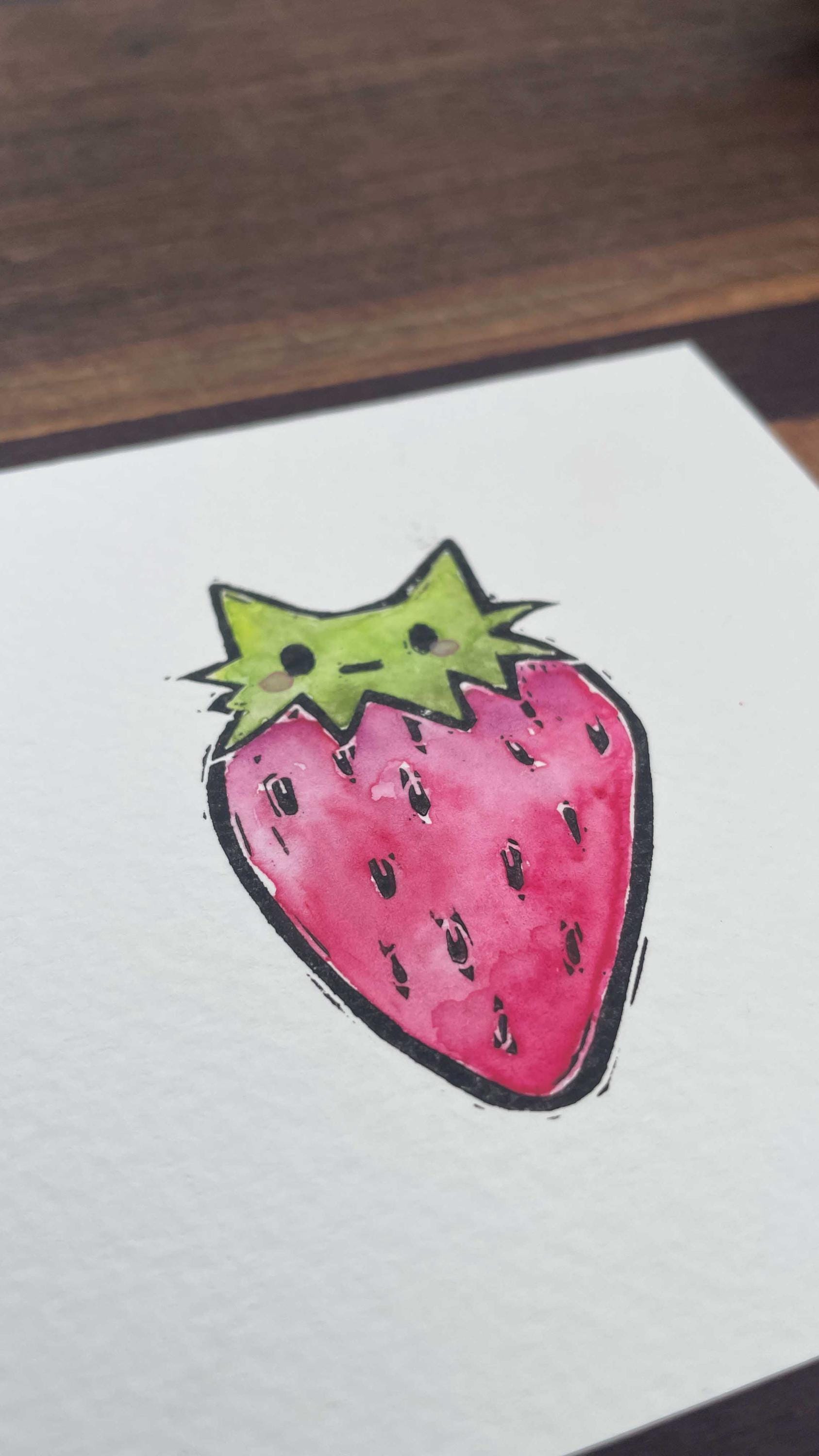 Strawberry Cat - Mini Watercolor Block Print