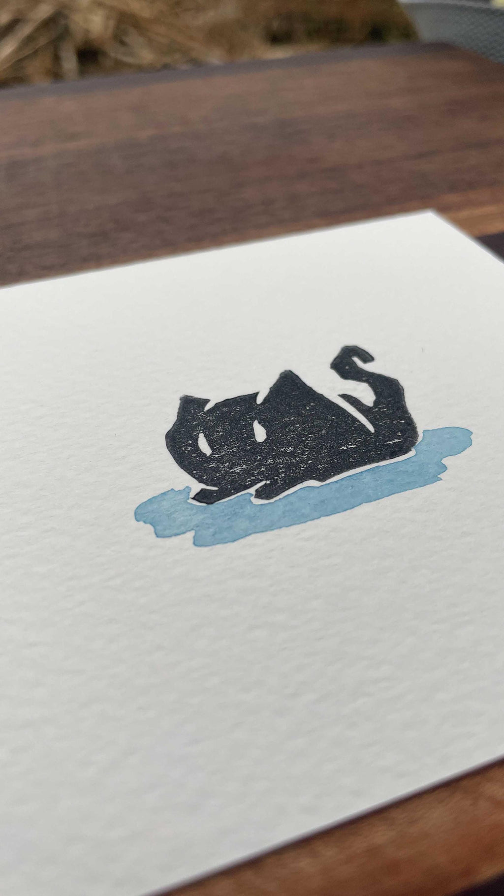 Shadow Cat - Mini Watercolor Block Print