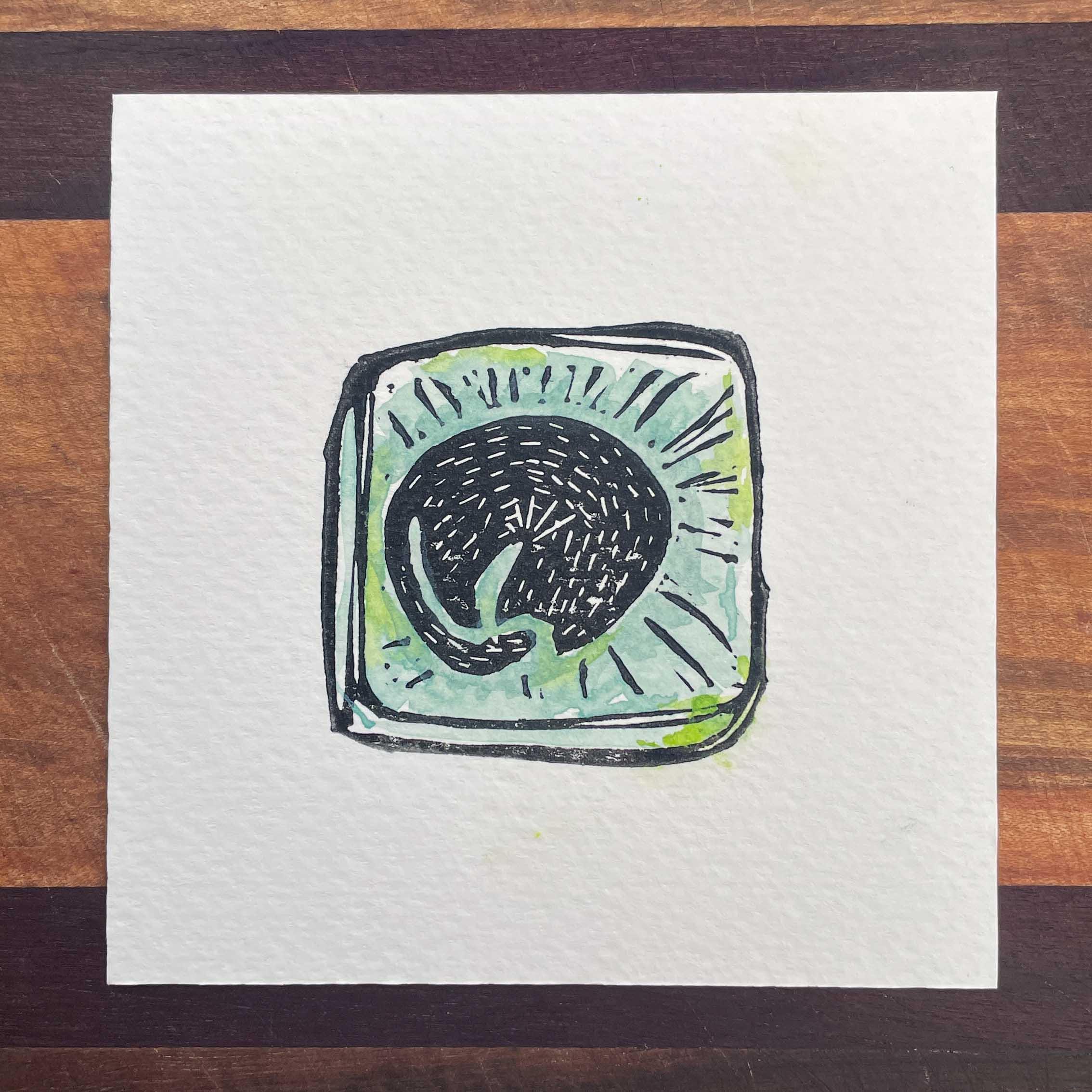 Pillow Cat - Mini Watercolor Block Print