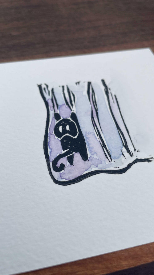 Curtain Cat - Mini Watercolor Block Print