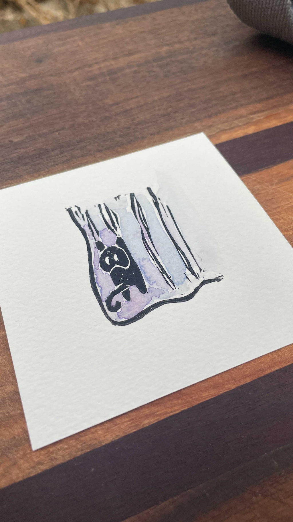Curtain Cat - Mini Watercolor Block Print