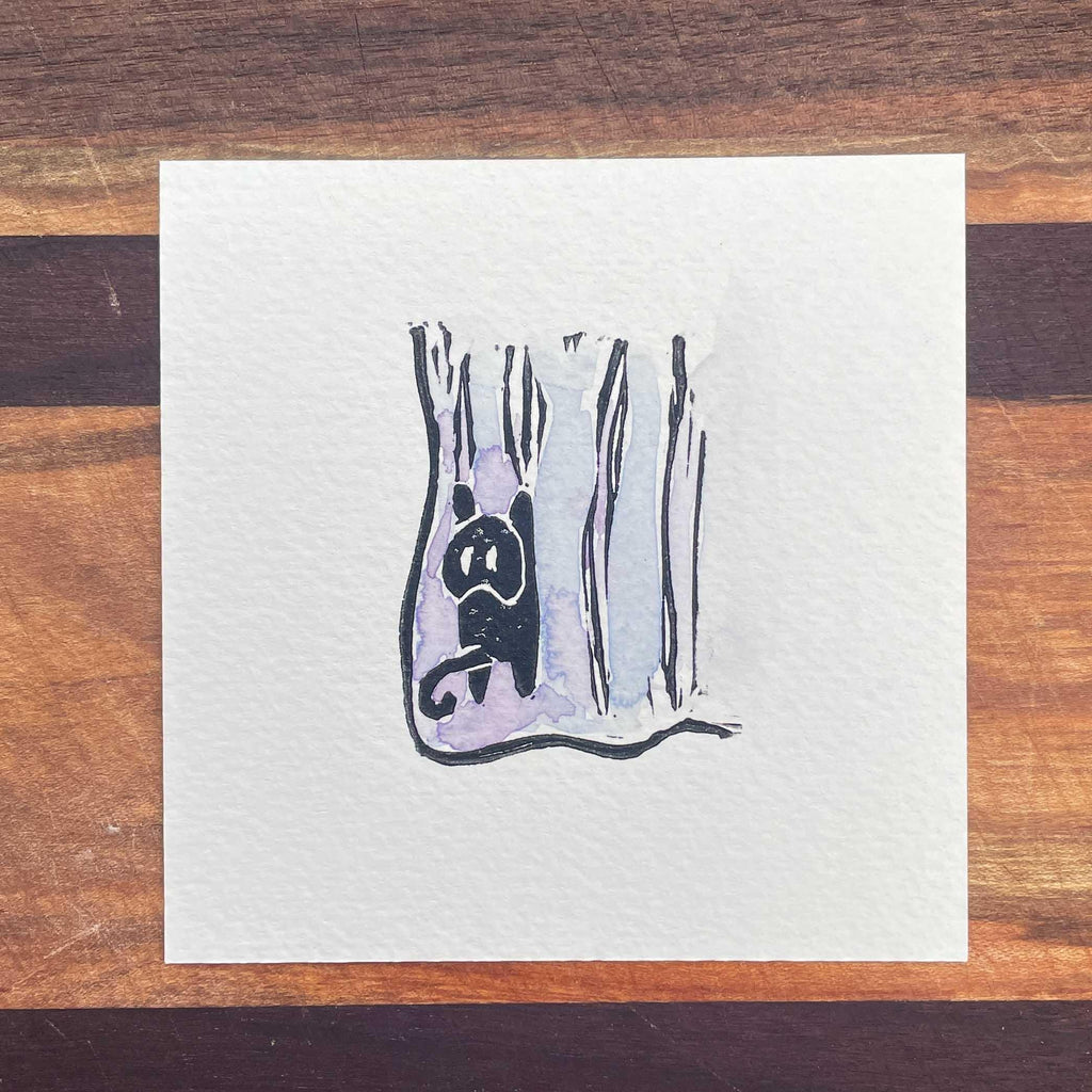 Curtain Cat - Mini Watercolor Block Print
