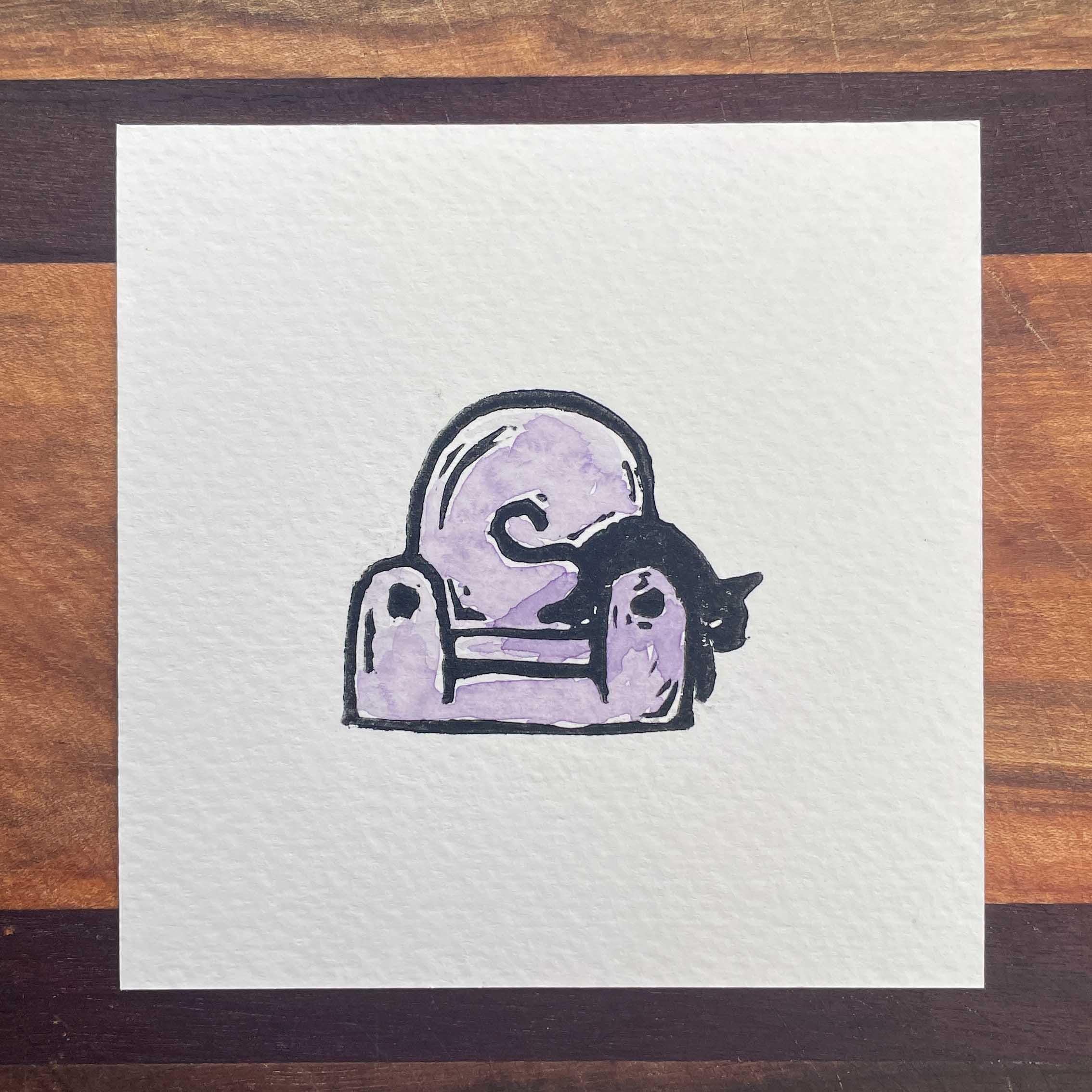 Couch Cat - Mini Watercolor Block Print
