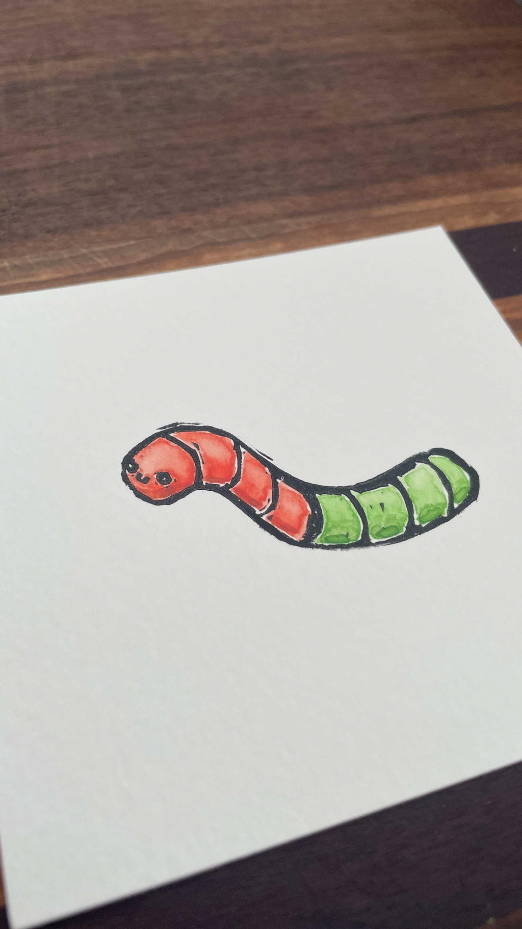 Gummy Worm - Mini Watercolor Block Print