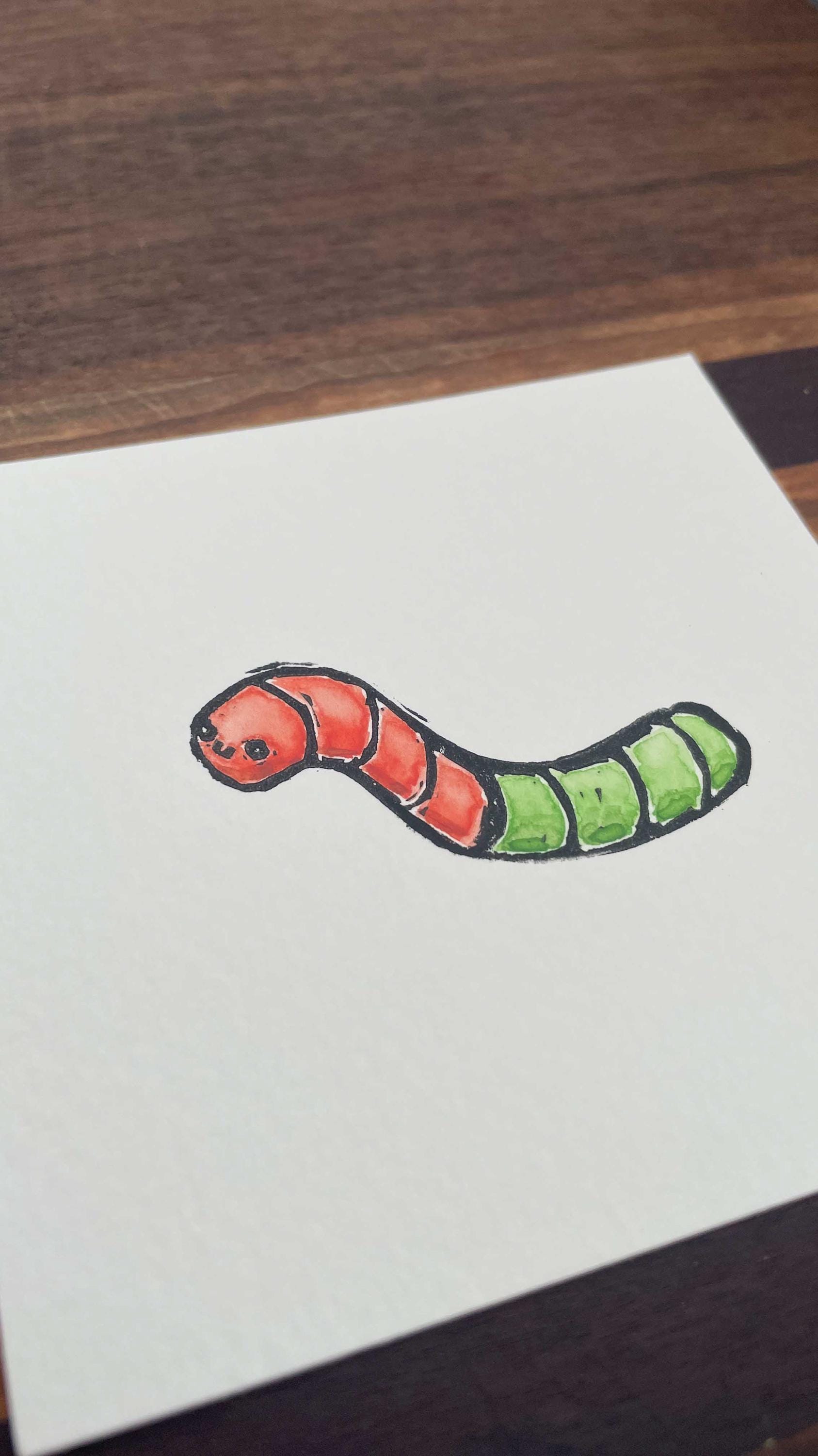 Gummy Worm - Mini Watercolor Block Print