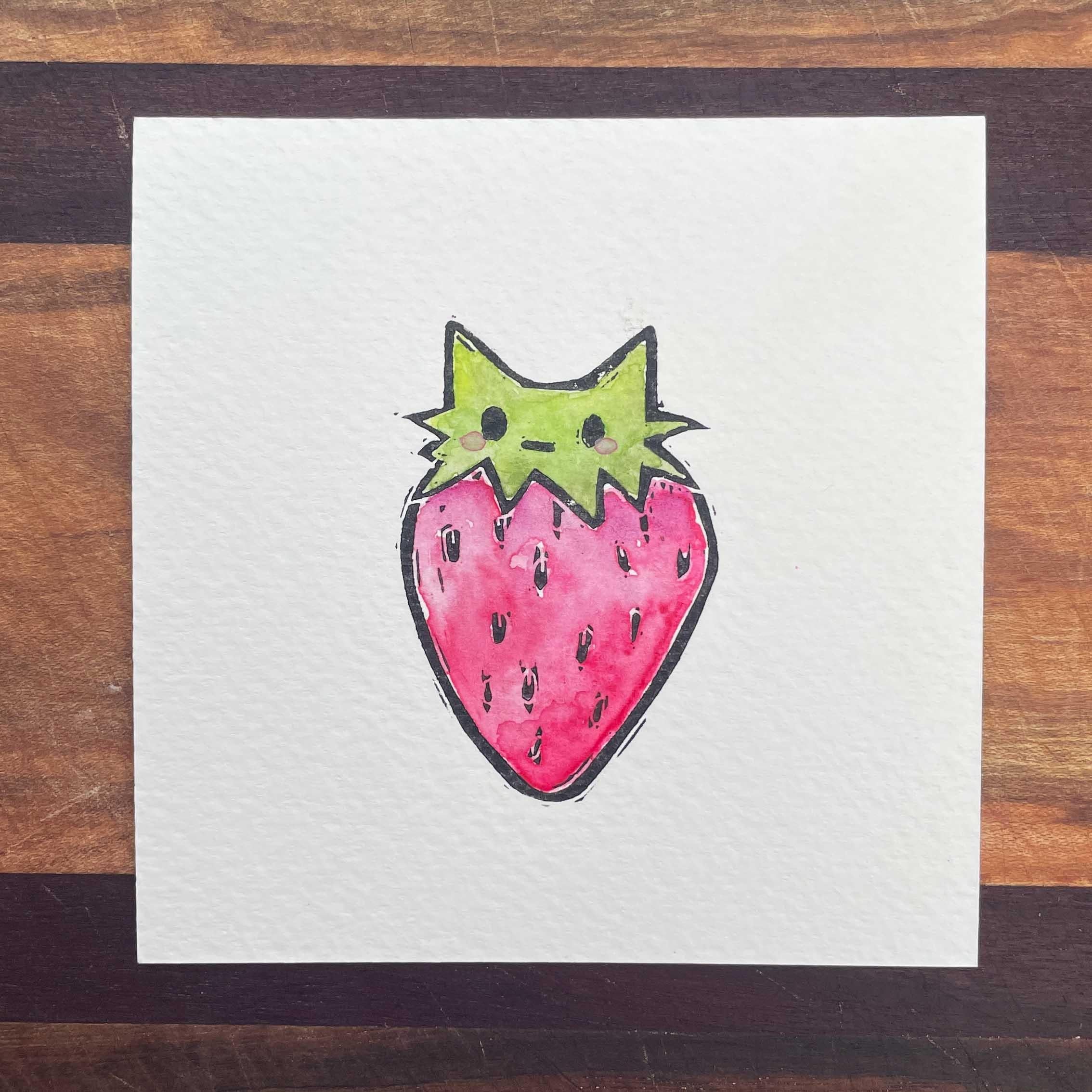 Strawberry Cat - Mini Watercolor Block Print