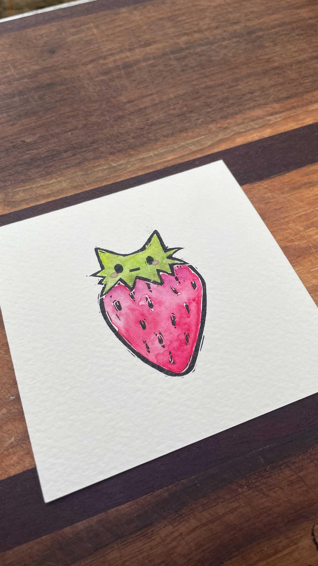 Strawberry Cat - Mini Watercolor Block Print