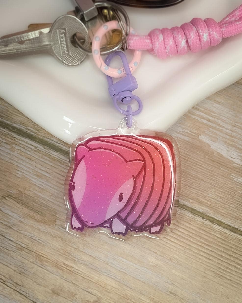 Glitter Armadillo Keychain: Double Sided Acrylic, Purple Clasp