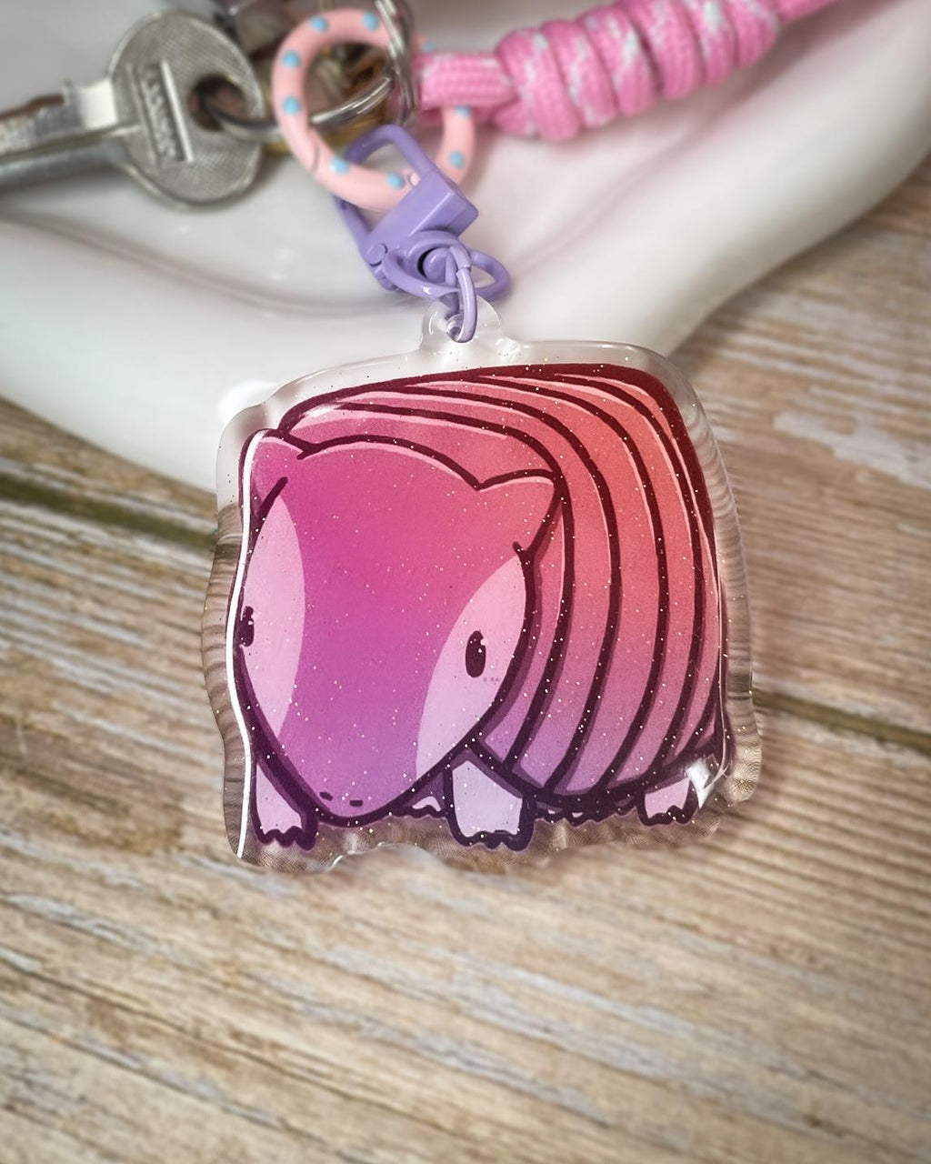 Glitter Armadillo Keychain: Double Sided Acrylic, Purple Clasp