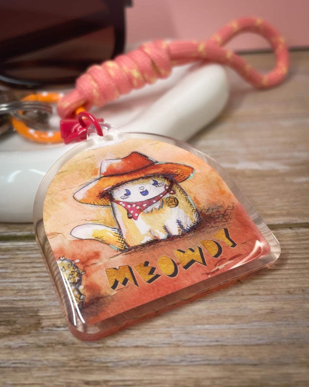 Meowdy Cat Sheriff Keychain: Double Sided Acrylic with Red Clasp