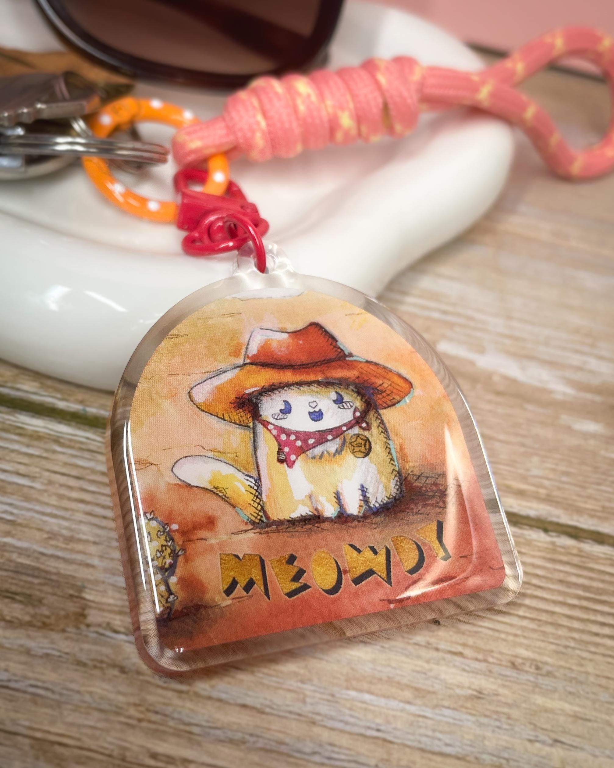Meowdy Cat Sheriff Keychain: Double Sided Acrylic with Red Clasp