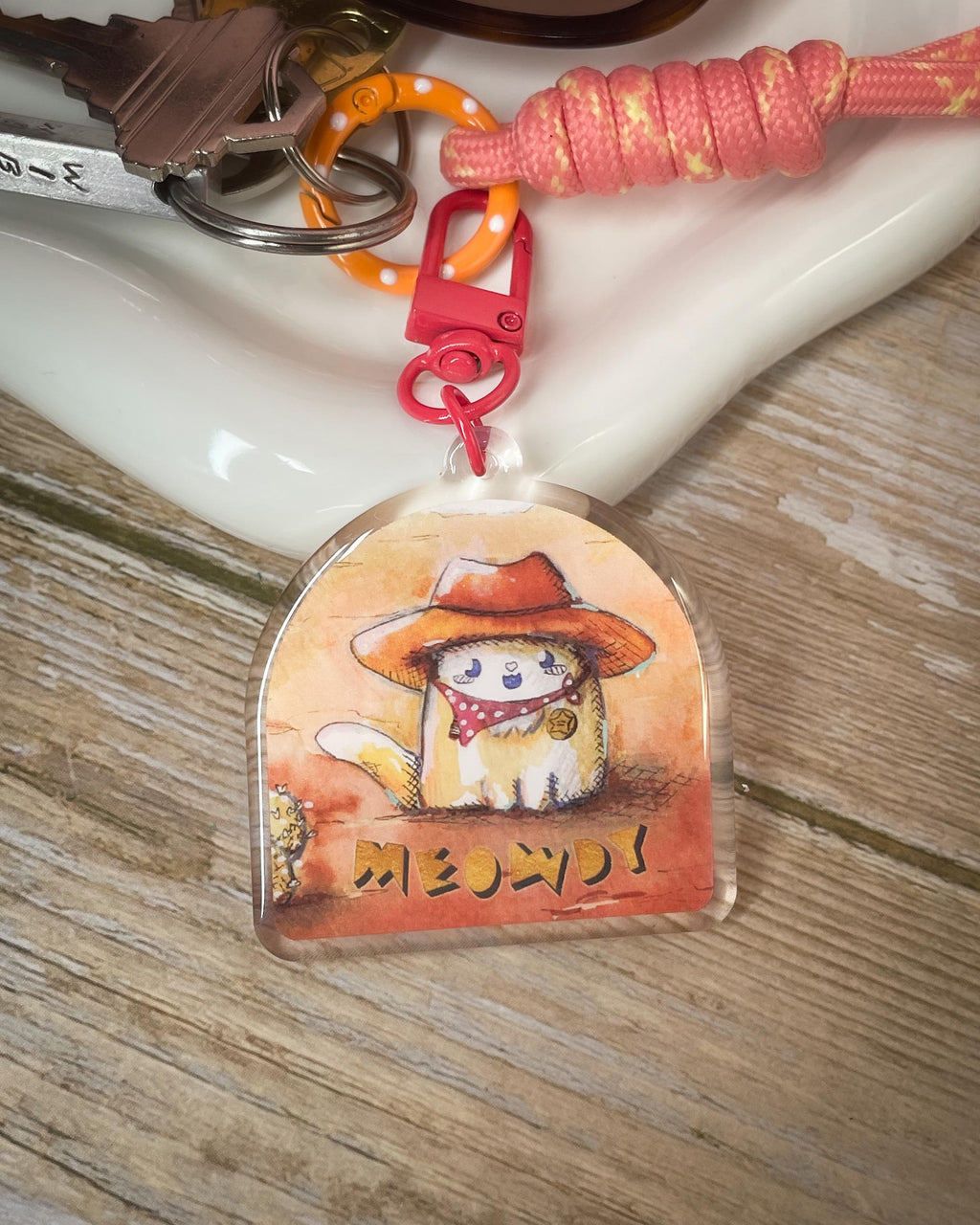 Meowdy Cat Sheriff Keychain: Double Sided Acrylic with Red Clasp