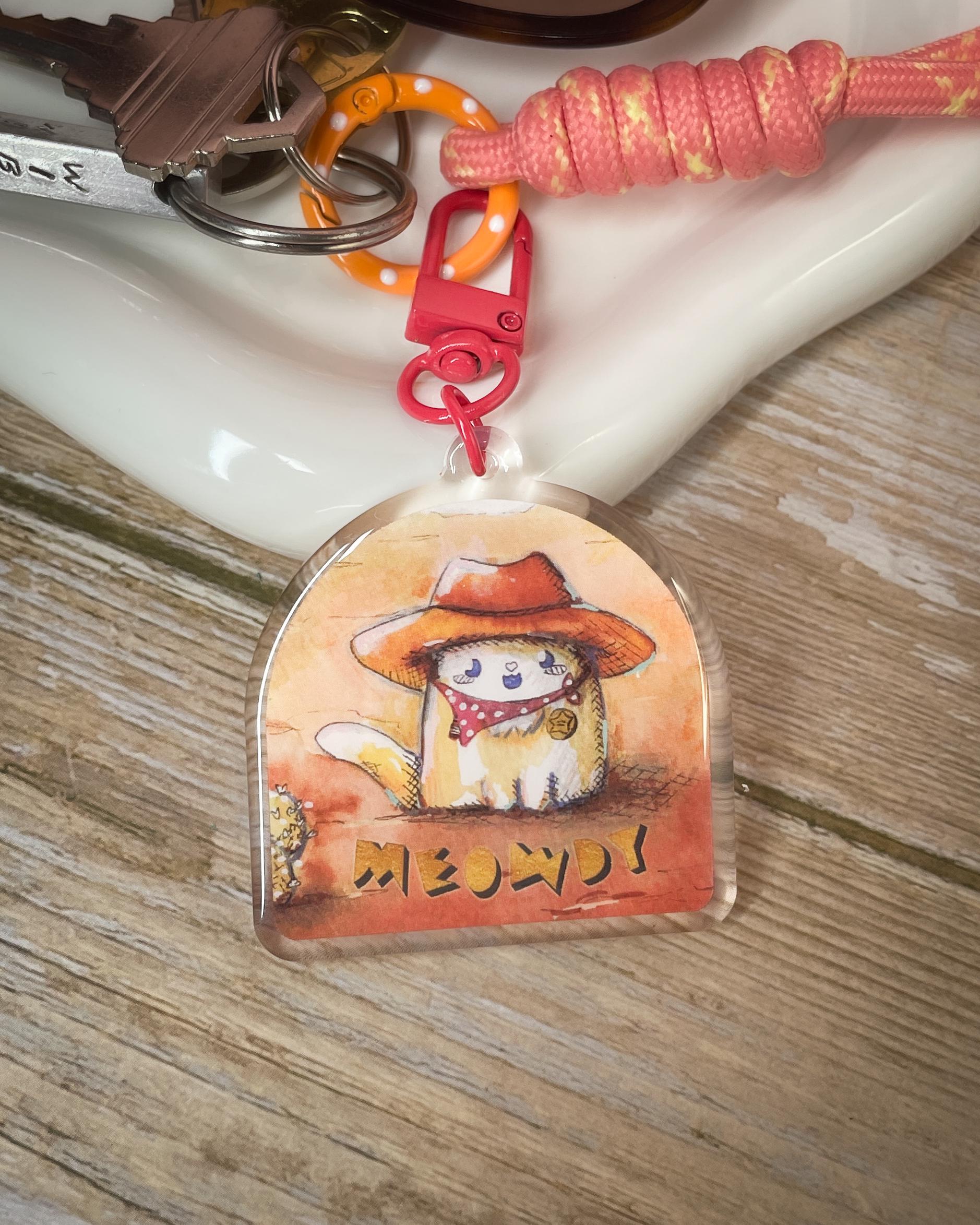 Meowdy Cat Sheriff Keychain: Double Sided Acrylic with Red Clasp