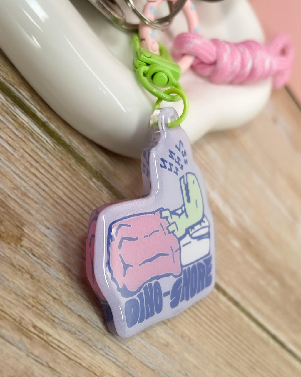 Dino-Snore Keychain: Punny Sleeping Dinosaur Acrylic Charm