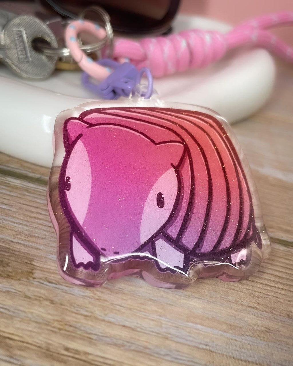 Glitter Armadillo Keychain: Double Sided Acrylic, Purple Clasp