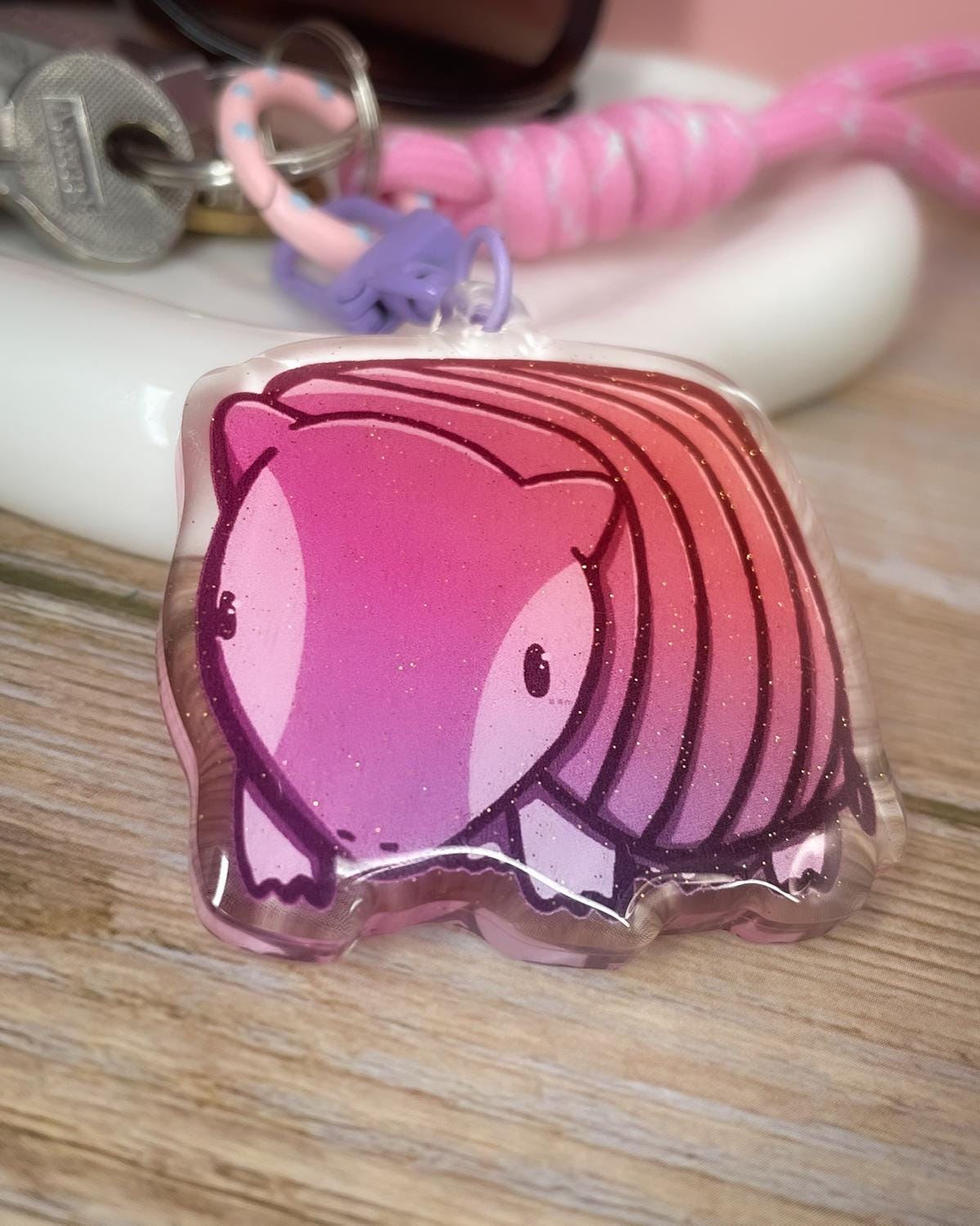 Glitter Armadillo Keychain: Double Sided Acrylic, Purple Clasp