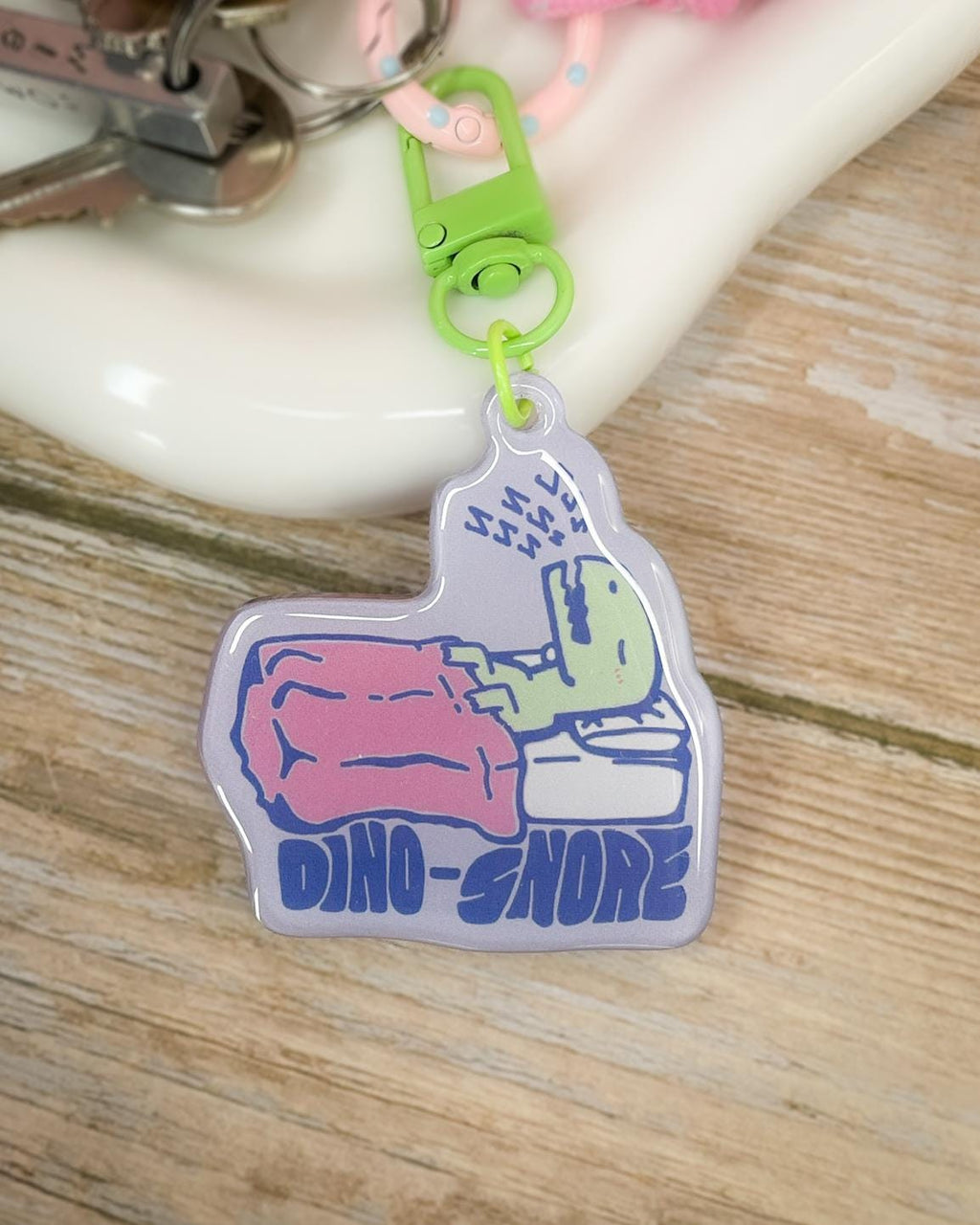 Dino-Snore Keychain: Punny Sleeping Dinosaur Acrylic Charm